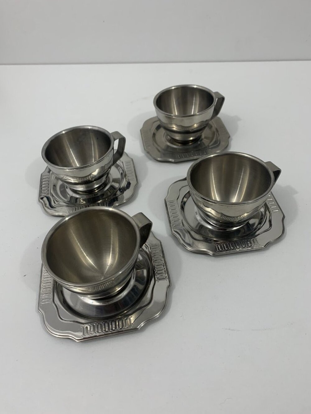 Set of 4 Vintage Stainless Steel COOK-O-MATIC Espresso Cups and Saucers